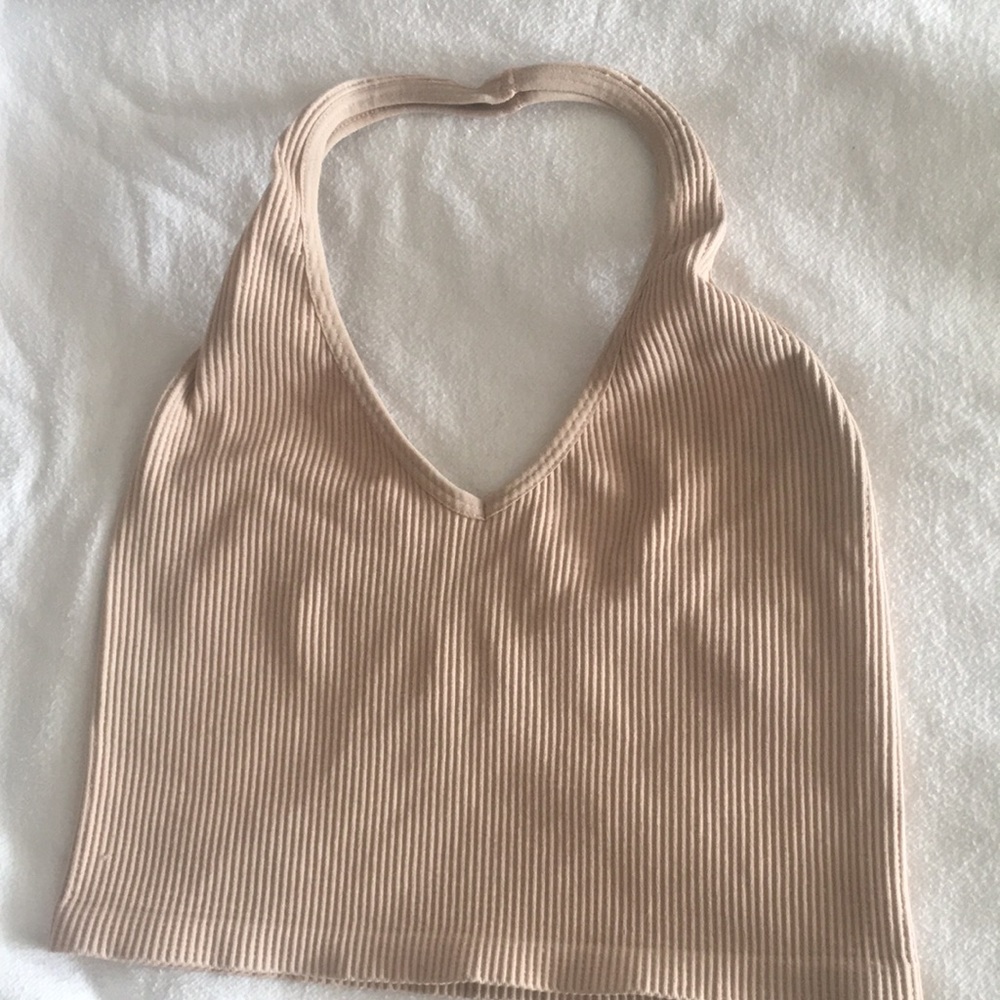 ReVamped Cream Ribbed Knit Backless Halter Crop Top V-Neck Stretch XS